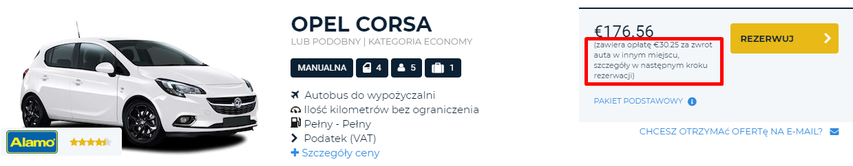 Informacja o wysokości opłaty w jedną stronę